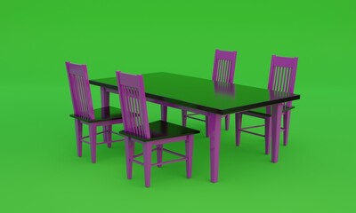 3d illustration, tables and chairs, green background, 3d rendering.