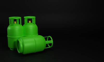 3d illustration, three gas cylinders, black background, copy space, 3d rendering.