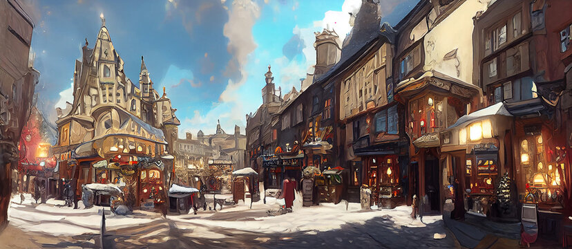 Street view of a wondrous amazing fantasy city town Digital Art Illustration Painting Hyper Realistic Concept Art
