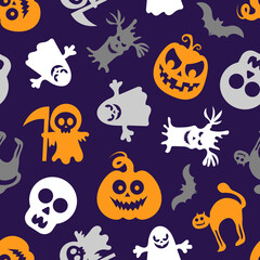 Seamless vector pattern for Halloween design. Halloween symbols: pumpkin, ghost in cartoon style. Vector Illustration