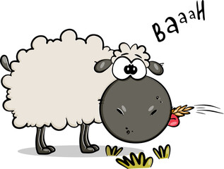 Catoon sheep, animal illustration, catoon character, gray sheep with ear in the meadow, farm production