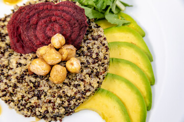 Vegetarian dishes such as salads, quinoa, avocado, vegetables and wraps