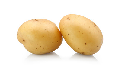 Two raw ppotato, isolated, potatoes, starch, unpeeled, whole, homegrown, harvesting, bulbous, uncooked, digging, heap, cooking, autumn, gardening, ripe, plant, totatoes isolated on white background   