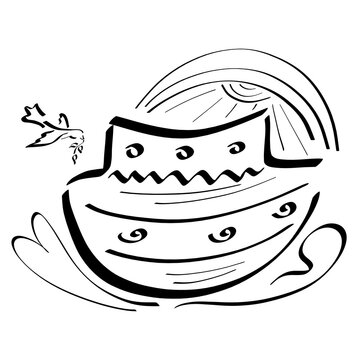 recommend clip art: noah's ark on waves, flying dove with twig, sun with rainbow and heart, black outline