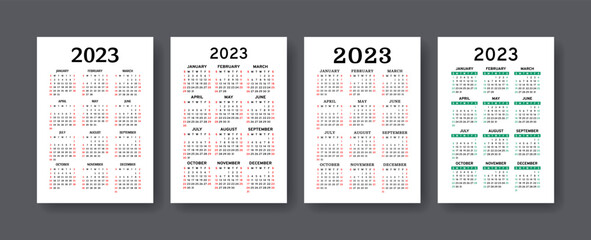 Calendar 2023 year set. Vector vertical template collection. Ready design. January, February, March, April, May, June, July, August, September, October, November, December