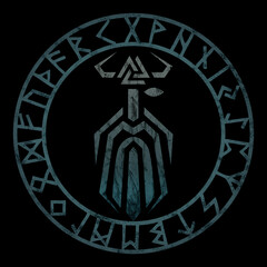Odin with Valknut, Futhark runes circle, Norse mythology, vintage, isolated on black background