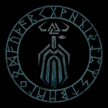 Odin with Valknut, Futhark runes circle, Norse mythology, vintage, isolated on black background