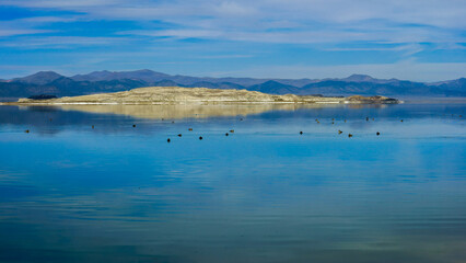 Saline Soda Lake Mono Lake Tufa Formations Reflection  in Mono County, east of Yosemite National Park, California