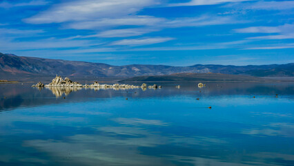 Saline Soda Lake Mono Lake Tufa Formations Reflection  in Mono County, east of Yosemite National Park, California