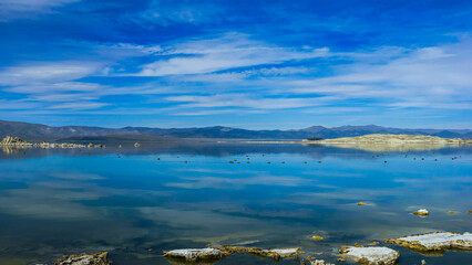 Saline Soda Lake Mono Lake Tufa Formations Reflection  in Mono County, east of Yosemite National Park, California