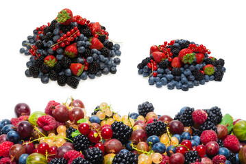 Gooseberries, blueberries, mulberry, raspberries, white and red currants isolated