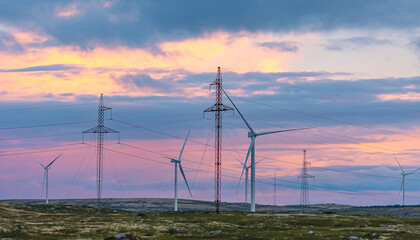 White wind turbines and power poles installed in scandinavian tundra, background blue sky sunset