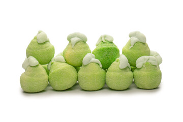 Green marshmallow candy isolated on  white background.