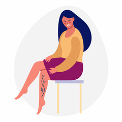 Sad girl with varicose veins. Illustration of a woman with leg pain.