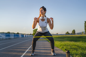 woman training on the stadium track with rubber resistance bands