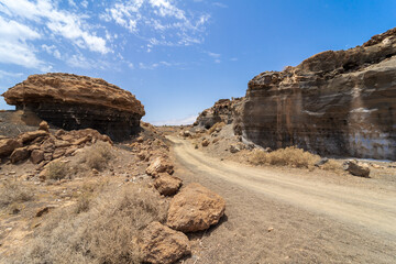 Typical natural landscape of Lanzarote. A place called Stratified City. Canary Islands. Spain.