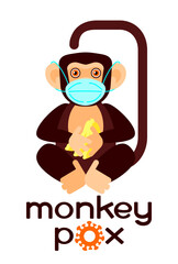 Monkey in protective mask with bananas in his paws. Tytle monkey pox, made by hand. The virus symbol. Chimpanzee in flat geometric style. Simple vector illustration isolated on white background