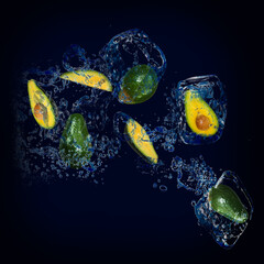 Fototapeta na wymiar Wallpaper for designers and illustrators, juicy avocado fruit in water