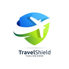 travel shield logo, safety travel logo icon, airplane safety logo