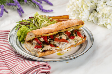 FARMER MARIE creamy sandwich with salad and wedges served in a dish isolated on table side view of arabian fastfood