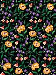 Seamless floral pattern, old-fashioned botanical print with decorative art garden, drawing wild plants: flowers, leaves, herbs on a dark background. Surface design in vintage folk  style. Vector.