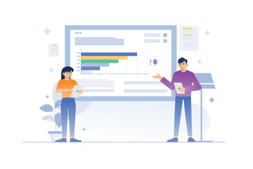 business people working on tablet computer marketing illustration