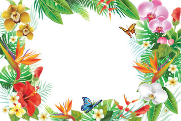Naklejka premium Frame from tropical plants and flowers