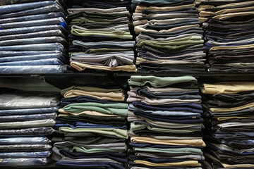 Folded clothes in rack in cloth store