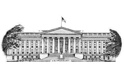 U.S. Treasury building cut from 10 dollar banknote on transparent background - obrazy, fototapety, plakaty