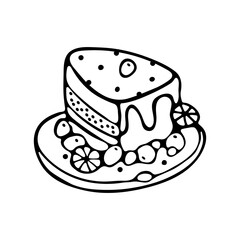 Slice of cake with fruits on a plate outline doodle cartoon style Vector Illustration isolated on white background for design Happy Birthday greeting card, Coloring book