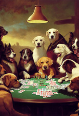 Group of dogs playing poker on a poker table with card. They are sitting around a table filled with cards.