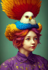 illustration of a portait child wearing a chicken hat.