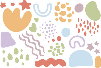 Big set of colored Hand drawn various Shapes and doodle objects, curves, dots. Abstract contemporary modern trendy Vector illustrations. All elements are isolated. Pastel colors