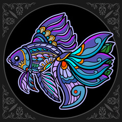 Colorful goldfish zentangle arts isolated on black background
