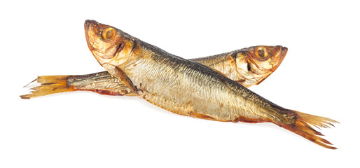 Smoked capelin fish isolated on white background.