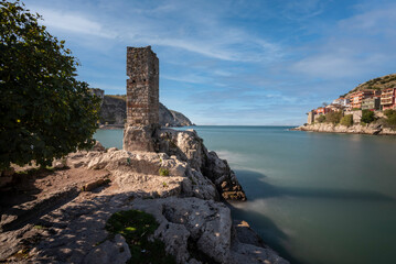 Amasra seascape, rock formations and cityscape of amasra city with blue sky and sea