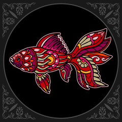 Colorful goldfish zentangle arts isolated on black background