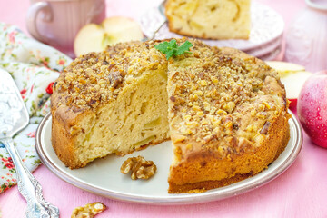 Sweet apple cake with walnut topping for tea