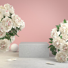 3d Rendering Minimal Empty Podium Display Shelves Cement Concrete  With Bouquet Floral Flower White Backgrounds Illustration