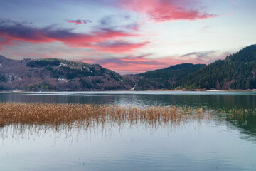 Abant lake in Bolu Turkey. Lake and mountain landscape with reflections at sunset. Beautiful nature view in Bolu Abant
