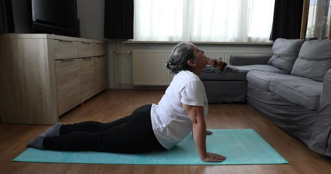 Senior woman doing pilates exercises with stretching on her yoga mat, her dachshund dog in the background. Concept of exercises for mature people at home and healthy lifestyle