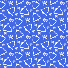 Small white contour linear bells and snowflakes isolated on a blue background. Cute monochrome Christmas seamless pattern. Vector simple flat graphic illustration. Texture.