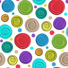 Fototapeta na wymiar Small bright colorful multicolored spiral circles isolated on white background. Cute geometric seamless pattern. Vector simple flat graphic illustration. Texture.