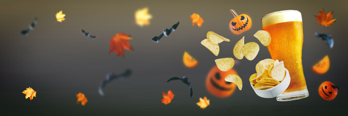 Lager beer and chips autumn Halloween holiday background