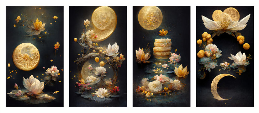 3d Golden Moon, Seen from the crystal moon frame, Fantasy, Festival Chinese simple but elegant flowers. The drawing canvas wall digital art frame