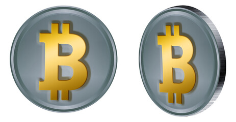 Bitcoins are seen in a 3-d illustration on a transparent background.