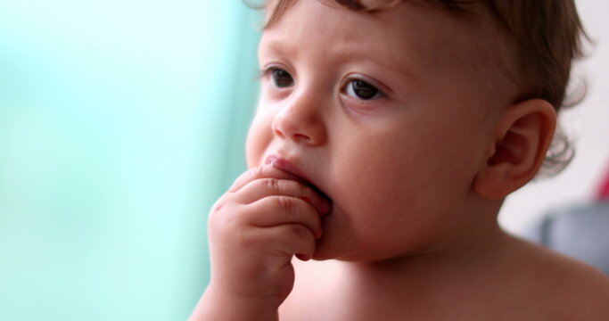 Cute Baby Grabbing Food Eating, Feeding Infant Boy Child Portrait Face