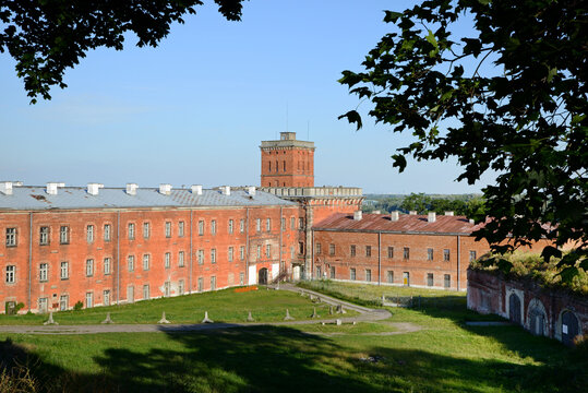 Historic fortress Modlin anti-tank barriers and view of the observation tower