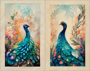 Drawing peacock wall digital art with flowers. 3d modern wall decor