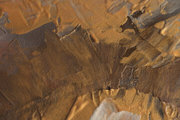 Art modern oil and acrylic smear blot canvas painting wall. Abstract texture gold, bronze, brown color stain brushstroke texture background.